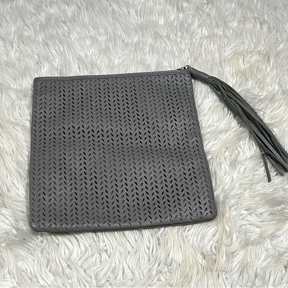 B-Low the Belt Genuine Leather Gray Perforated Fold Over Leather Clutch Tassel